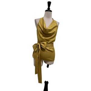 Ann Taylor Womens Satin Sleeveless Cowl Neck Self-Tie Bow Halter Top Gold Size 4